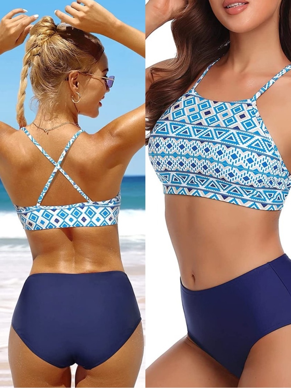 Charmo Blue Print Halter High Neck Bikini Swim Top